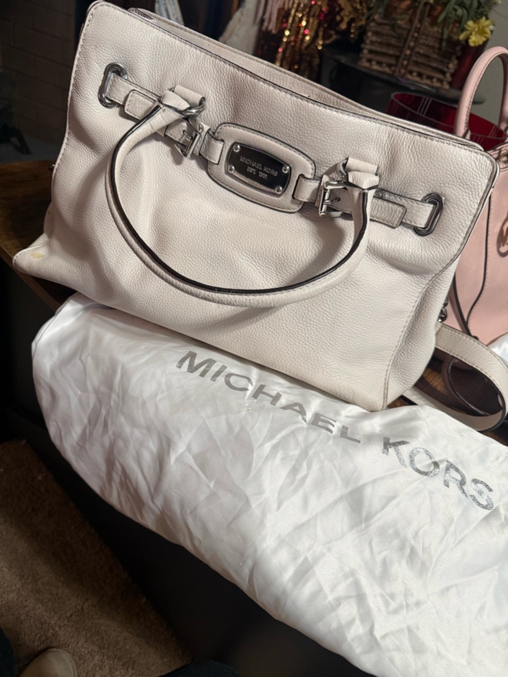Michael Kors Ivory Leather Satchel with Silver Hardware